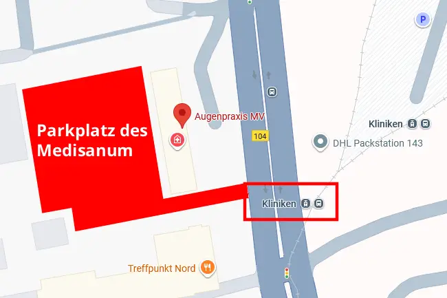 Lageplan: Die Augenpraxis MV an der Wismarschen Straße, der Parkplatz des Medisanum und die Haltestelle Kliniken
