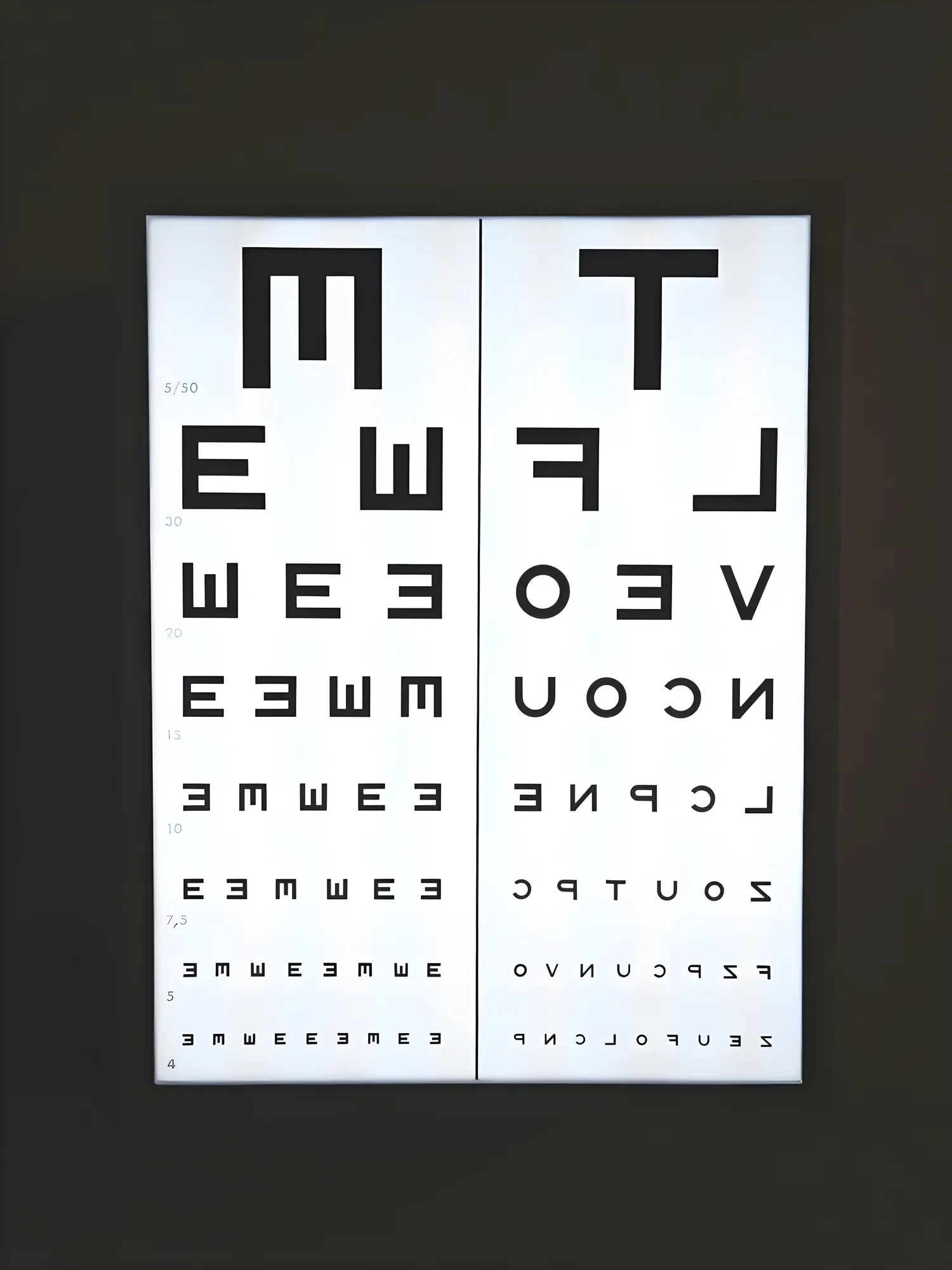 Sehtafel mit Buchstaben und Landolt-Ringen